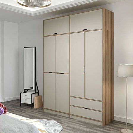 Elina 4 Kapaklı Dolap + Yüklük - Dore/Kumtaşı