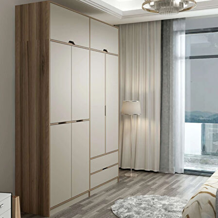 Elina 4 Kapaklı Dolap + Yüklük - Dore/Kumtaşı