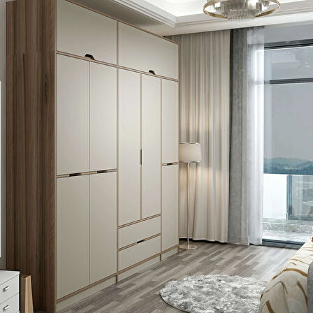 Elina 5 Kapaklı Dolap + Yüklük - Dore/Kumtaşı