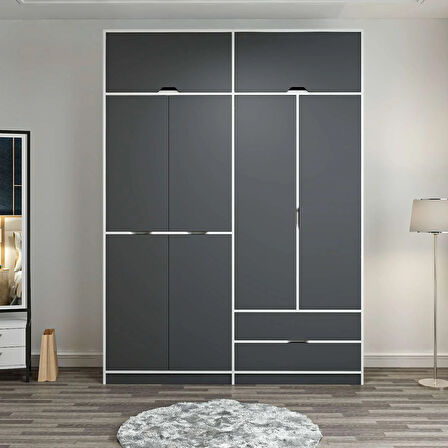 Elina 4 Kapaklı Dolap + Yüklük - Beyaz/Antrasit