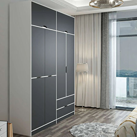 Elina 4 Kapaklı Dolap + Yüklük - Beyaz/Antrasit