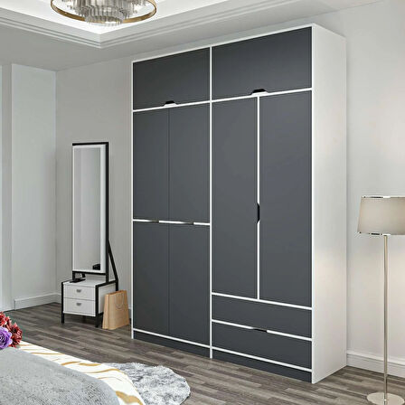 Elina 4 Kapaklı Dolap + Yüklük - Beyaz/Antrasit