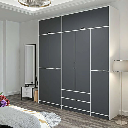 Elina 5 Kapaklı Dolap + Yüklük - Beyaz/Antrasit