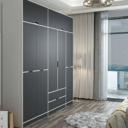 Elina 5 Kapaklı Dolap + Yüklük - Beyaz/Antrasit