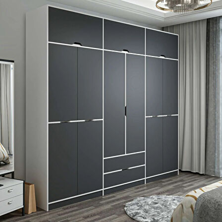 Elina 6 Kapaklı Dolap + Yüklük - Beyaz/Antrasit