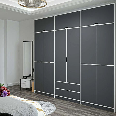 Elina 6 Kapaklı Dolap + Yüklük - Beyaz/Antrasit