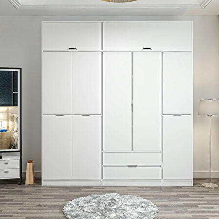 Elina 5 Kapaklı Dolap + Yüklük - Beyaz/Beyaz