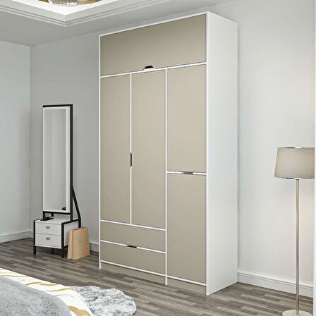 Elina 3 Kapaklı Dolap + Yüklük - Beyaz/Kumtaşı