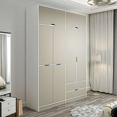 Elina 4 Kapaklı Dolap + Yüklük - Beyaz/Kumtaşı