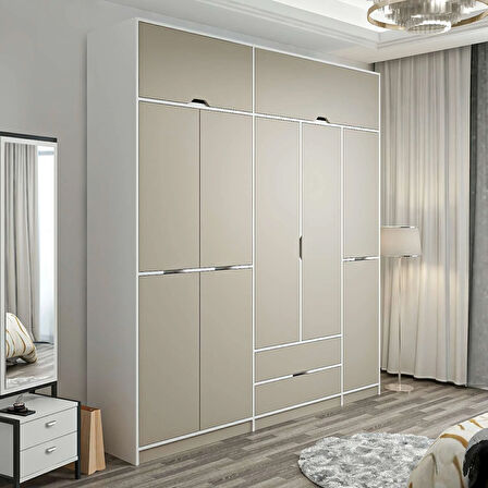 Elina 5 Kapaklı Dolap + Yüklük - Beyaz/Kumtaşı