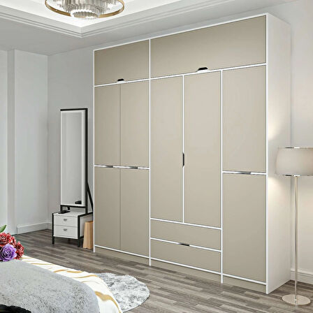 Elina 5 Kapaklı Dolap + Yüklük - Beyaz/Kumtaşı