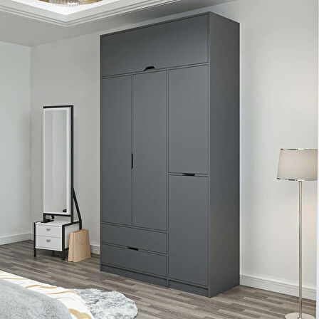 Elina 3 Kapaklı Dolap + Yüklük - Antrasit/Antrasit