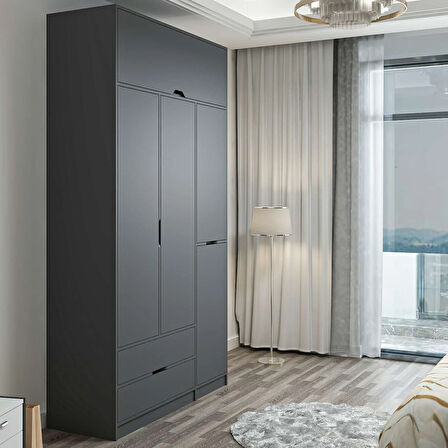 Elina 3 Kapaklı Dolap + Yüklük - Antrasit/Antrasit