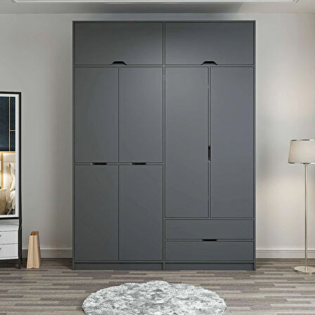 Elina 4 Kapaklı Dolap + Yüklük - Antrasit/Antrasit