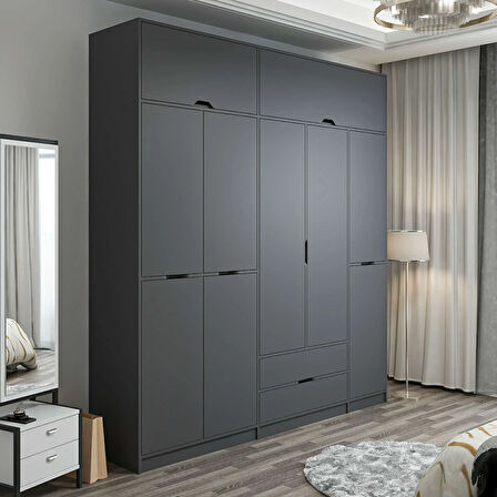 Elina 5 Kapaklı Dolap + Yüklük - Antrasit/Antrasit