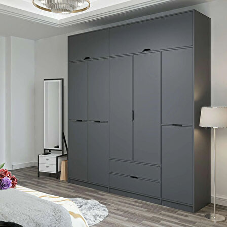 Elina 5 Kapaklı Dolap + Yüklük - Antrasit/Antrasit