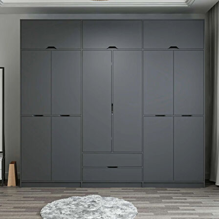 Elina 6 Kapaklı Dolap + Yüklük - Antrasit/Antrasit