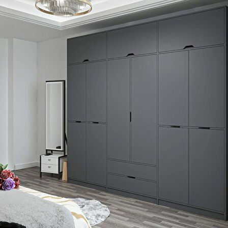 Elina 6 Kapaklı Dolap + Yüklük - Antrasit/Antrasit