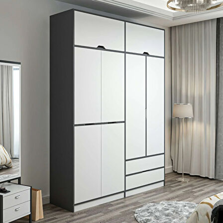 Elina 4 Kapaklı Dolap + Yüklük - Antrasit/Beyaz