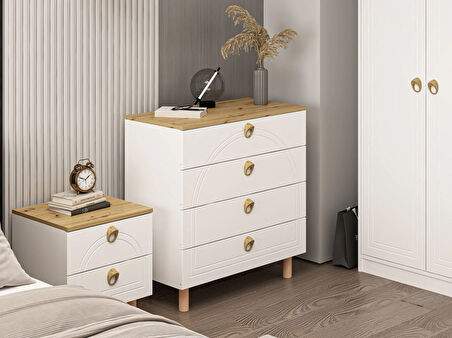 Lotus Bohem Tarz Şifonyer 4 Çekmece - Artisan/Beyaz