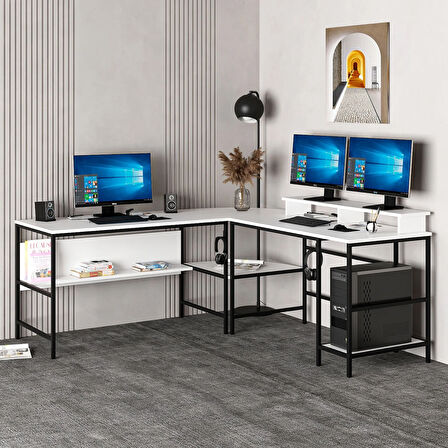 Minar Greta Raflı L Köşe Çalışma Masası - Beyaz