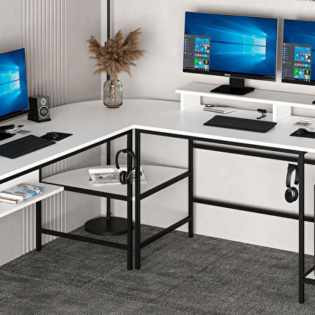 Minar Greta Raflı L Köşe Çalışma Masası - Beyaz