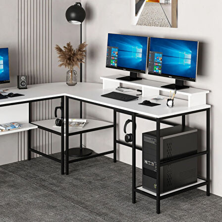 Minar Greta Raflı L Köşe Çalışma Masası - Beyaz