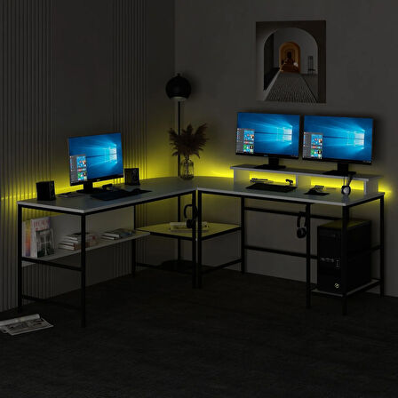 Minar Greta RGB Led Işıklı L Köşe Çalışma Masası - Beyaz