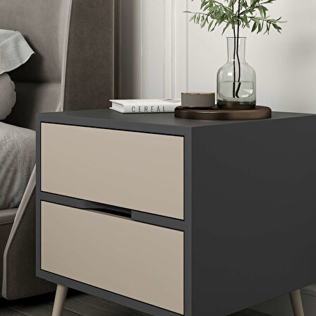 Elina Ayaklı 2 Çekmeceli Komodin - Antrasit/Kumtaşı