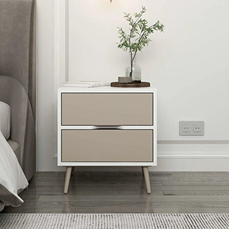 Elina Ayaklı 2 Çekmeceli Komodin - Beyaz/Kumtaşı