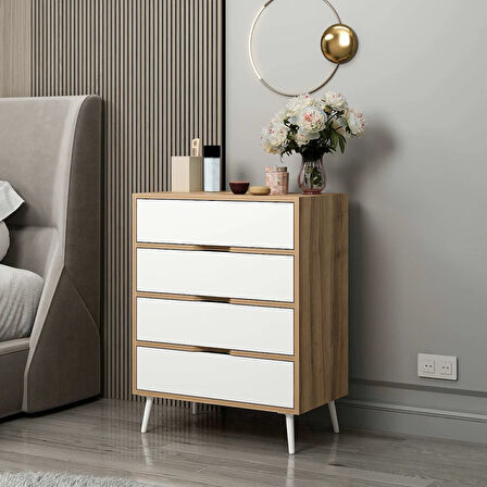 Elina Ayaklı 4 Çekmeceli Şifonyer - Dore/Beyaz