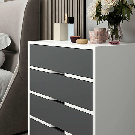 Elina Ayaklı 4 Çekmeceli Şifonyer - Beyaz/Antrasit