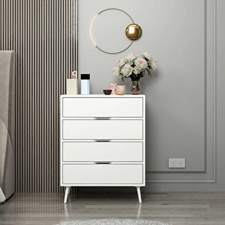 Elina Ayaklı 4 Çekmeceli Şifonyer - Beyaz/Beyaz