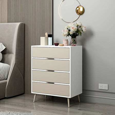 Elina Ayaklı 4 Çekmeceli Şifonyer - Beyaz/Kumtaşı