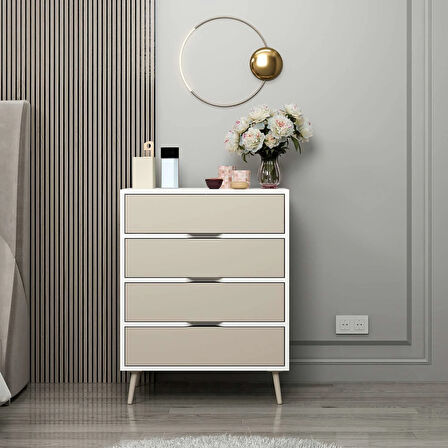 Elina Ayaklı 4 Çekmeceli Şifonyer - Beyaz/Kumtaşı