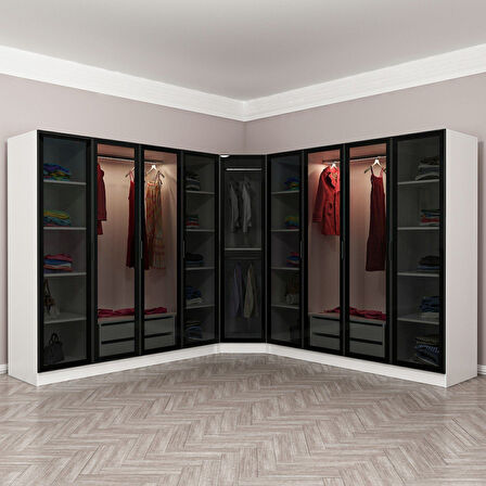 Kale 9 Füme Cam Kapaklı 4Ç Köşe Dolap Beyaz Füme Cam 190CM