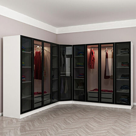 Kale 9 Füme Cam Kapaklı 4Ç Köşe Dolap Beyaz Füme Cam 190CM