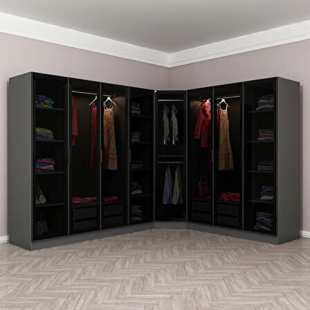 Kale 8 Füme Cam Kapaklı 4Ç Köşe Dolap Antrasit Füme Cam 190CM