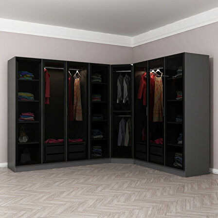 Kale 8 Füme Cam Kapaklı 4Ç Köşe Dolap Antrasit Füme Cam 190CM