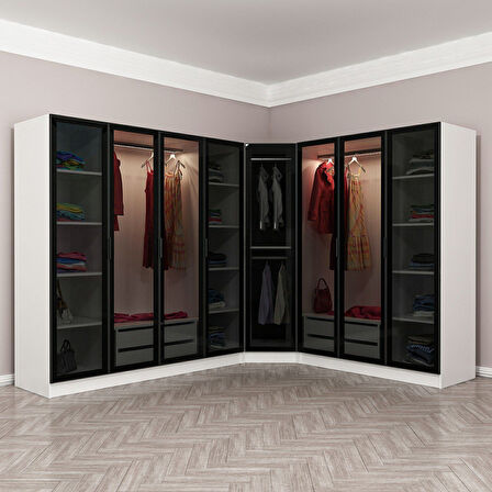 Kale 8 Füme Cam Kapaklı 4Ç Köşe Dolap Beyaz Füme Cam 190CM