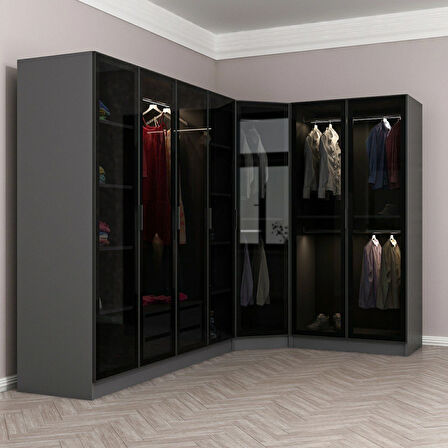 Kale 7 Füme Cam Kapaklı 2Ç Köşe Dolap Antrasit Füme Cam 190CM