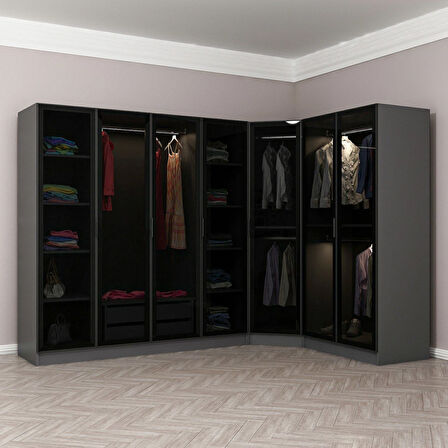 Kale 7 Füme Cam Kapaklı 2Ç Köşe Dolap Antrasit Füme Cam 190CM