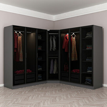 Kale 7 Füme Cam Kapaklı 4Ç Köşe Dolap Antrasit Füme Cam 190CM