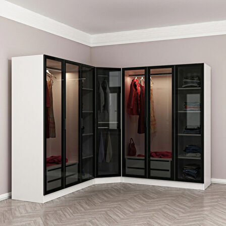 Kale 7 Füme Cam Kapaklı 4Ç Köşe Dolap Beyaz Füme Cam 190CM