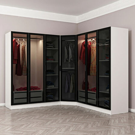 Kale 7 Füme Cam Kapaklı 4Ç Köşe Dolap Beyaz Füme Cam 190CM