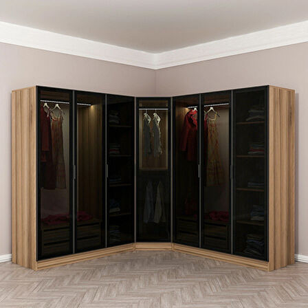 Kale 7 Füme Cam Kapaklı 4Ç Köşe Dolap Dore Füme Cam 190CM