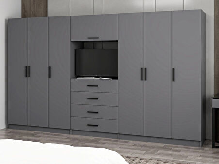 Kale 6 Kapaklı 8 Çekmeceli Tv Modüllü Dolap Antrasit 190CM