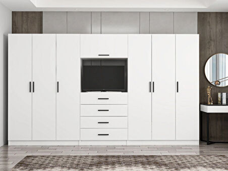 Kale 6 Kapaklı 8 Çekmeceli Tv Modüllü Dolap Beyaz 190CM