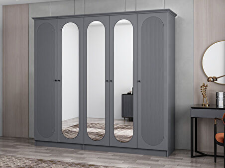 Kale 5 Kapak 3A 2Ç Dolap Antrasit - Mebran Defne Ayna Antr 190CM