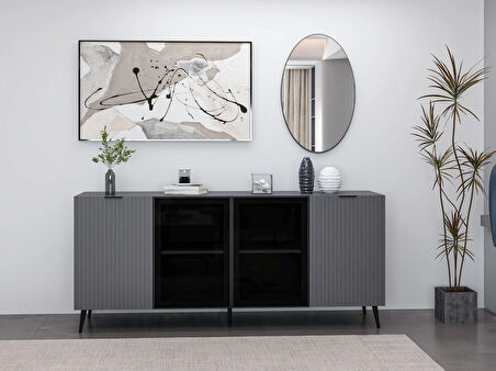 Minar Kale Cam Kapak Aynalı Konsol Plus Antrasit/Antrasit Füme Cam